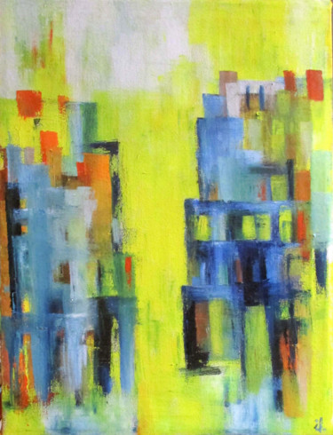 Painting titled "Gelbe Gasse mit bla…" by Ingrid Knaus, Original Artwork, Oil