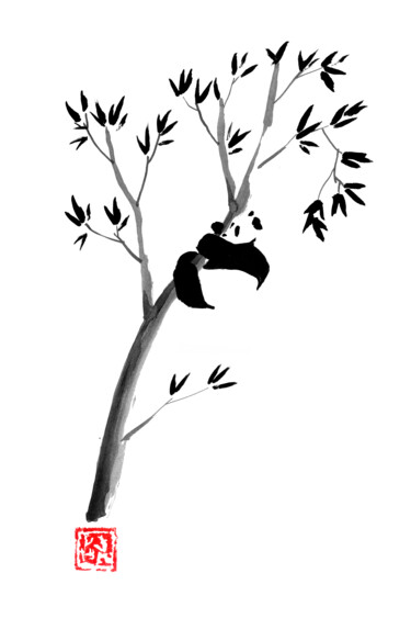 Drawing titled "panda in his tree 02" by Péchane, Original Artwork, Watercolor