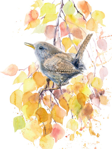 绘画 标题为“Wren on autumn bran…” 由Alyona Masterkova, 原创艺术品, 水彩