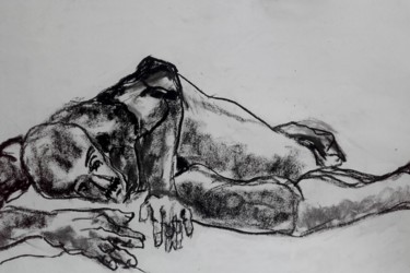 Dessin intitulée "A terre - On the gr…" par Marijo Ponce Fest, Œuvre d'art originale, Fusain