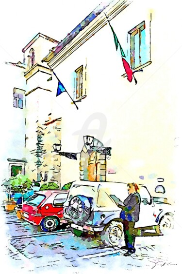 Donna disegna sotto il palazzo del comune