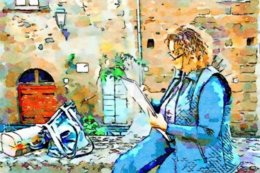 Donna seduta su un muretto del borgo a disegnare