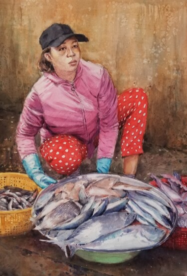 Painting titled "Marchande de poisso…" by Vincent Monluc, Original Artwork, Watercolor