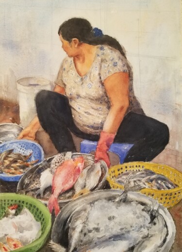 Painting titled "Marchande de poisso…" by Vincent Monluc, Original Artwork, Watercolor