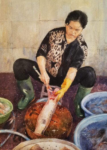 Painting titled "Marchande de poisso…" by Vincent Monluc, Original Artwork, Watercolor