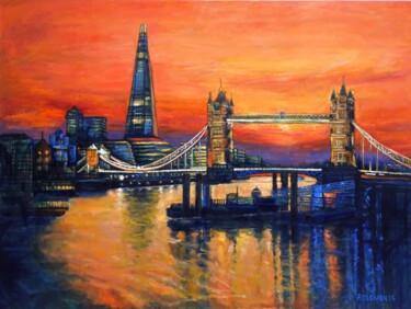 Orange sunset London from the Shard and Tower Bridge Painting titled "Orange sunset Londo…" by Patricia Clements Art, Original Artwork, Oil Mounted on Wood Stretcher frame