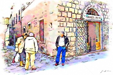Tre persone parlano fuori della macelleria