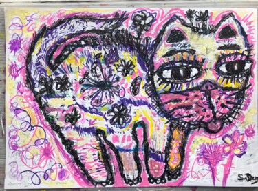 Painting titled "chat coloré mignon" by Sylvain Dez, Original Artwork, Acrylic