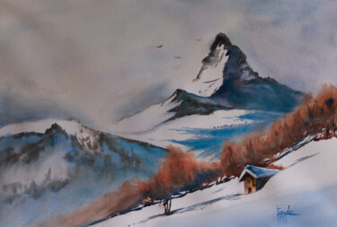 Painting titled "Mont Cervin" by Michelle Thébault (Farane), Original Artwork, Watercolor