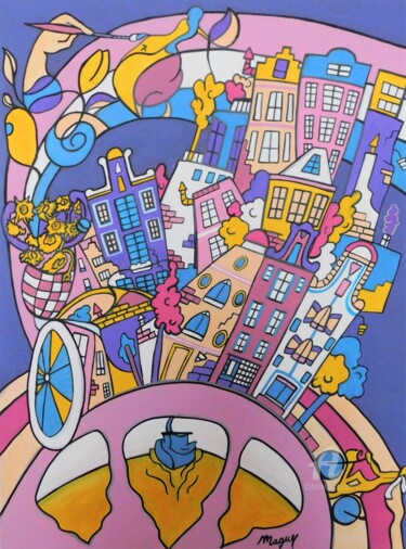 Painting titled "Amsterdam" by Maguy Vaz (50nuancesdemarguerite), Original Artwork, Acrylic Mounted on Wood Stretcher frame