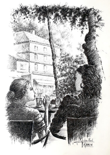 Dessin intitulée "Causerie" par Jean-Paul Ramon, Œuvre d'art originale, Encre