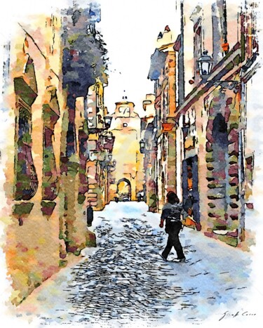 Donna traversa la strada principale del borgo