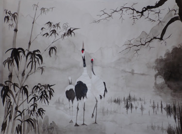 Grues du Japon dans la brume. Red-crowned cranes in the mist 제목이 "Grues du Japon dans…"인 미술작품 Philippe Anselme로, 원작, 잉크 기타 단단한 패널에 장착됨