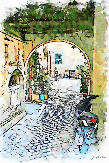 Motocicletta parcheggiata sotto l'arco