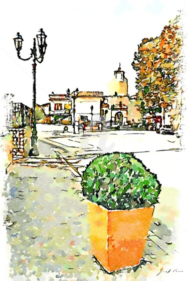 Vaso arancione con pianta e lampione