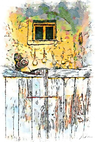 Cancello di legno con cestini e zucche appese al muro