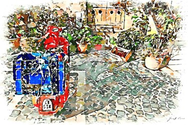 Vespa rossa con cassetta blu parcheggiata