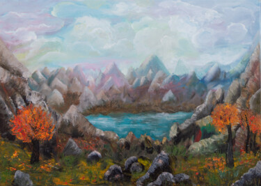 绘画 标题为“Lake in the mountai…” 由Anastacia Gaikova, 原创艺术品, 油 安装在木质担架架上