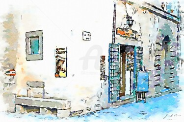 Angolo di edificio del borgo con ingresso trattoria
