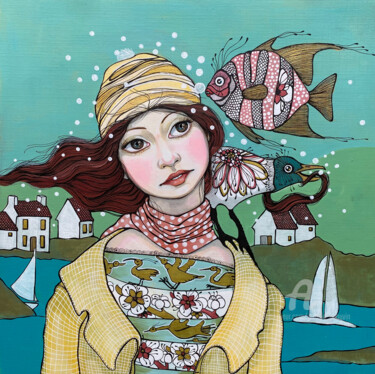 Peinture intitulée "la rêveuse en ciré…" par Aurelie Chauvin, Œuvre d'art originale, Acrylique Monté sur Châssis en bois