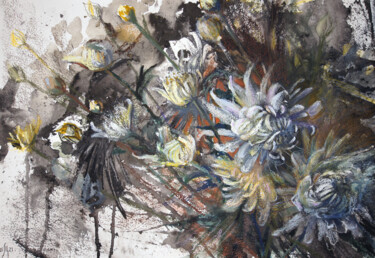 Chrysanthemums - original flower artwork Pintura titulada "Chrysanthemums - or…" por Maria Shedrina, Obra de arte original, Pastel