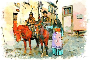 Ragazza in costume accanto a due butteri a cavallo