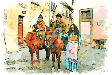 Ragazza in costume accanto a due butteri a cavallo (2)