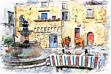 Piazza con fontana e cavalli