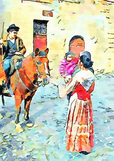 Ragazza in costume tradizionale e un buttero