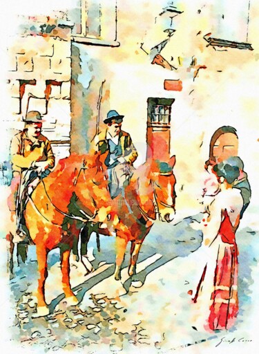 Ragazza in costume davanti a due butteri a cavallo