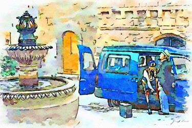 Fontana e pulmino blu