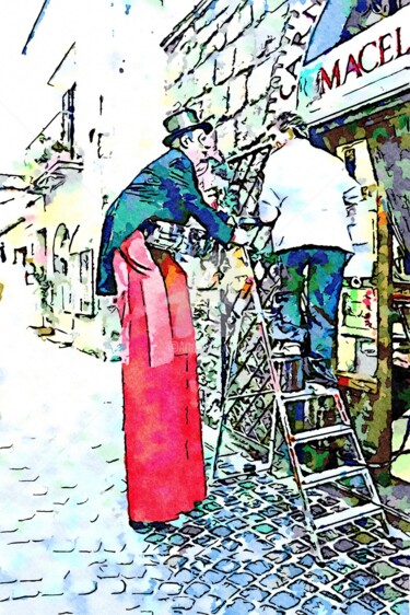 Saltimbanco sui trampoli parla con uomo sulla scala