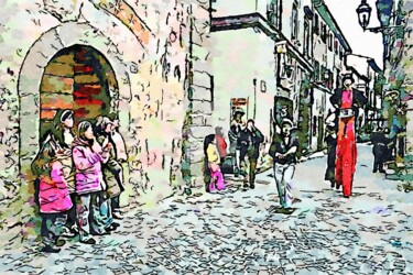 Bambini per strada guardano i saltimbanchi