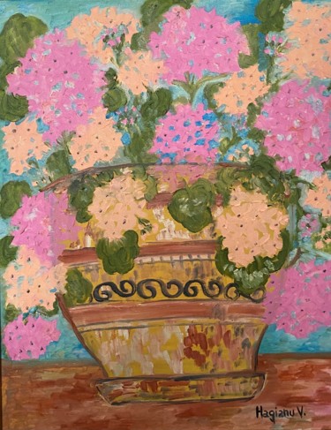Pink geraniums in clay pot by Viorica Hagianu. Oil on canvas Painting titled "Pink geraniums in c…" by Viorica Hagianu, Original Artwork, Oil