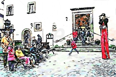 Bambini seduti sulla panchina a guardare il saltimbanco