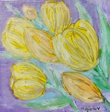 Yellow tulips by V Hagianu. Mixed technique on canvas Painting titled "Yellow tulips by V…" by Viorica Hagianu, Original Artwork, Oil Mounted on Wood Stretcher frame