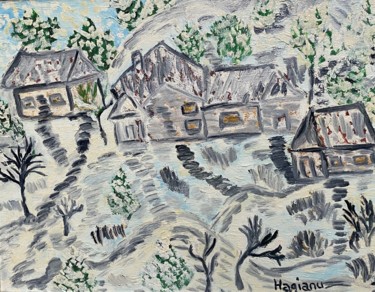 Winter landscape by Viorica Hagianu. Oil on canvas Painting titled "Winter landscape by…" by Viorica Hagianu, Original Artwork, Oil Mounted on Wood Stretcher frame