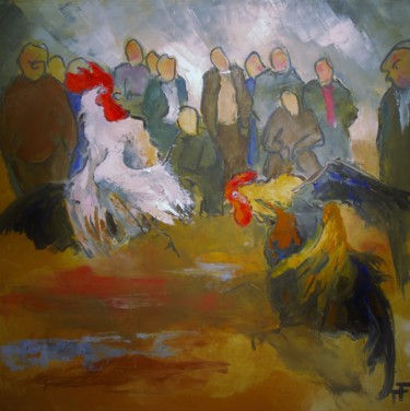 Painting titled "Bataille de coqs" by Thierry Faure, Original Artwork, Oil