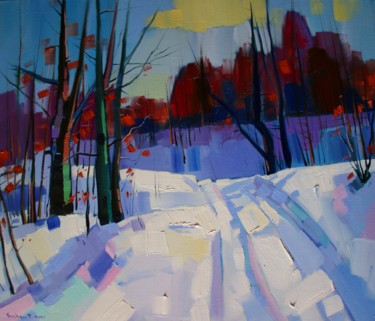 Winter landscape in forest-2 (60x70cm, oil painting) Pintura intitulada "Winter landscape in…" por Tigran Aveyan, Obras de arte originais, Óleo Montado em Armação em madeira