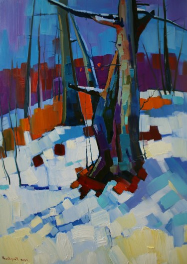 Winter trees (50x70cm, oil painting, ready to hang) Painting titled "Winter trees (50x70…" by Tigran Aveyan, Original Artwork, Oil Mounted on Wood Stretcher frame