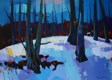 Winter landscape in forest-3 (50x70cm, oil painting) Pintura intitulada "Winter landscape in…" por Tigran Aveyan, Obras de arte originais, Óleo Montado em Armação em madeira