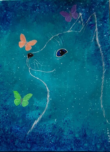 图画 标题为“le chat  romantique” 由Iakim, 原创艺术品, 丙烯 安装在木质担架架上