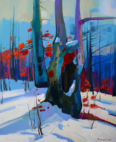 Winter trees (50x60cm, oil painting, ready to hang) Painting titled "Winter trees (50x60…" by Tigran Aveyan, Original Artwork, Oil Mounted on Wood Stretcher frame