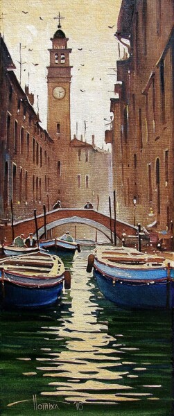 Barges. Rio dei Greci Peinture intitulée "Barges. Rio dei Gre…" par Sergey Potikha, Œuvre d'art originale, Huile