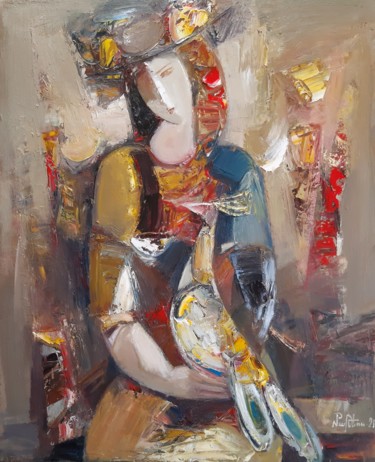绘画 标题为“Girl with pheasant-…” 由Mateos Sargsyan, 原创艺术品, 油 安装在木质担架架上