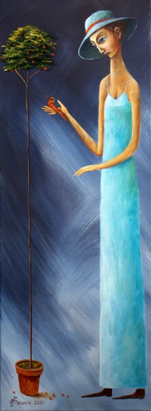 ДЕВУШКА С КРАСНОЙ ПТИЦЕЙ Schilderij getiteld "ДЕВУШКА С КРАСНОЙ П…" door Vladimir Pronkin, Origineel Kunstwerk, Olie