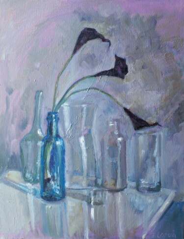 Painting titled "Blue bottle with ca…" by Irina Lopuh, Original Artwork, Oil Mounted on Cardboard