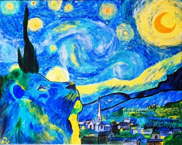 Lion in the starry night 绘画 标题为“Lion in the starry…” 由Maria Sabrina Viviani, 原创艺术品, 丙烯 安装在木质担架架上
