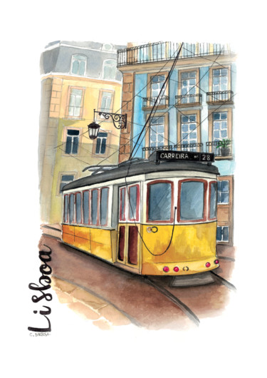 Tramway de Lisbonne Painting titled "Tramway de Lisbonne" by Céline Barbosa, Original Artwork, Watercolor