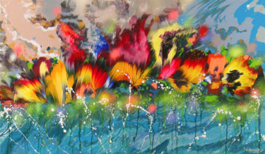 "Flowers in Water" Large Floral Painting Painting titled ""Flowers in Water"…" by Irini Karpikioti, Original Artwork, Acrylic Mounted on Wood Stretcher frame